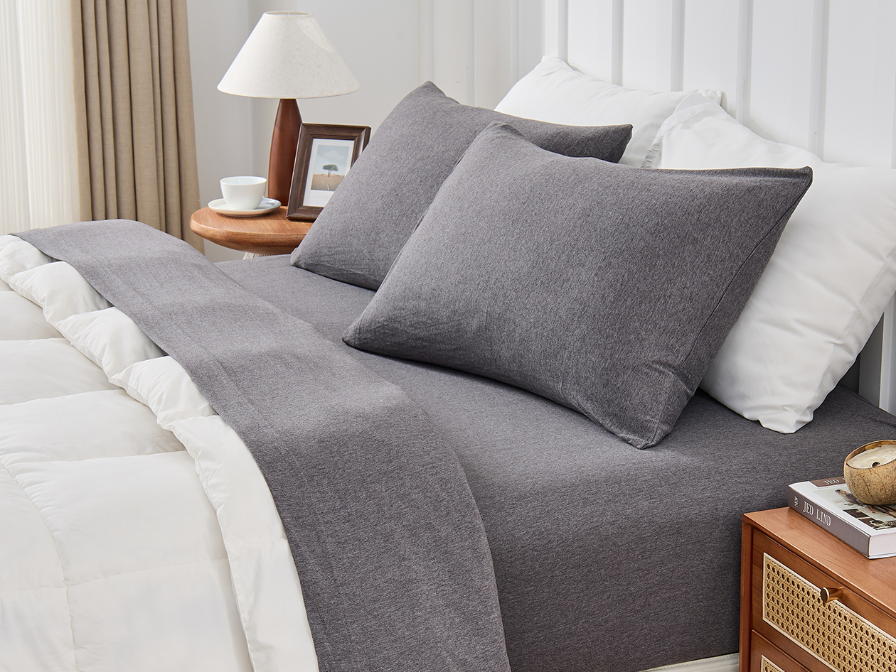 Kathy Ireland 4 Piece Heathered Jersey Knit Cotton Sheet Set (Queen/Dark Gray)