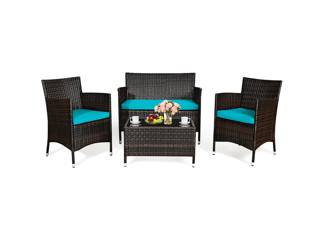 4 Piece Outdoor Patio PE Rattan Wicker Table Shelf Sofa Furniture Set With Cushion - Turquoise