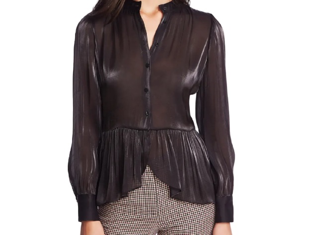 1 State Women's Button-Down Shimmering Sheer Peplum Top Black Size Medium
