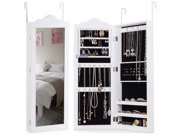 Costway Wall Mounted Mirrored Jewelry Cabinet Storage Organizer Home Decor White
