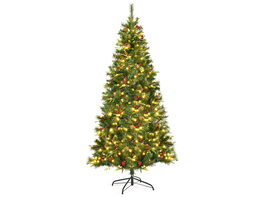 Costway 7Ft Pre-lit Hinged PE Artificial Christmas Tree w/ 350 LED Lights & Pine Cones - Green, Red, Brown