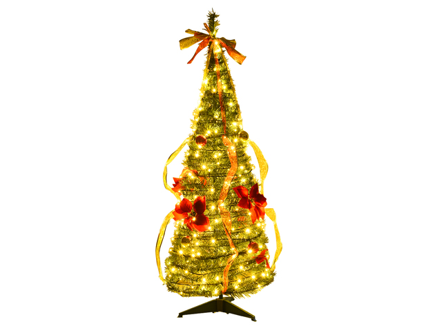 COSTWAY 4ft Pre-Lit Christmas Tree Fully Pull Up Tree Flat-to-Fabulous Light - as the picture shows