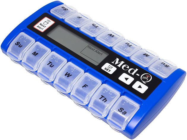 Med-Q 7480 Digital Pill Box Organizer, 2 Beep Reminder, LED Alert, Blue