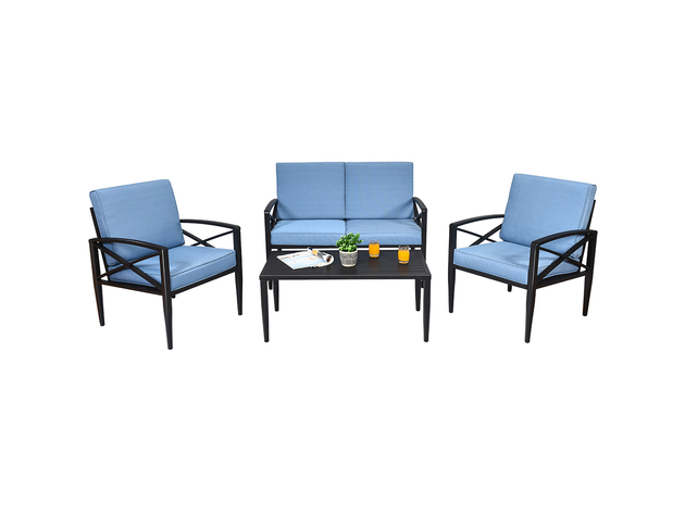 Costway 4 Piece Patio Furniture Set Aluminum Frame Cushioned Sofa Chair Coffee Table Blue