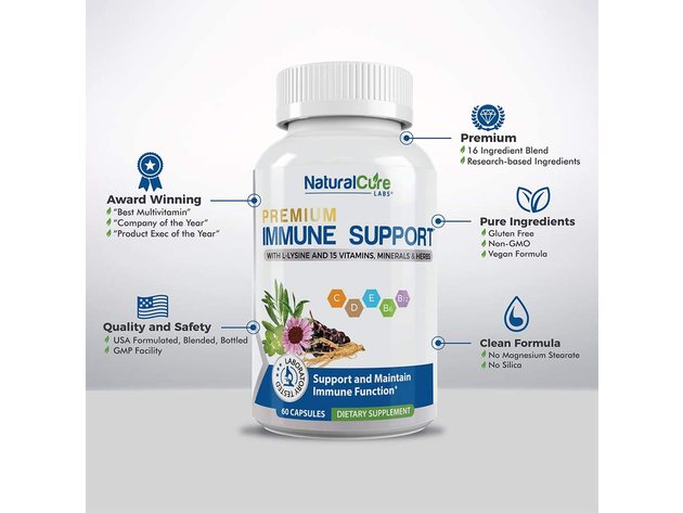 Natural Cure Labs Premium Immune Support with L-Lysine and 15 Vitamins- Support and Maintain Immune Function, 60 Capsules Dietary Supplement