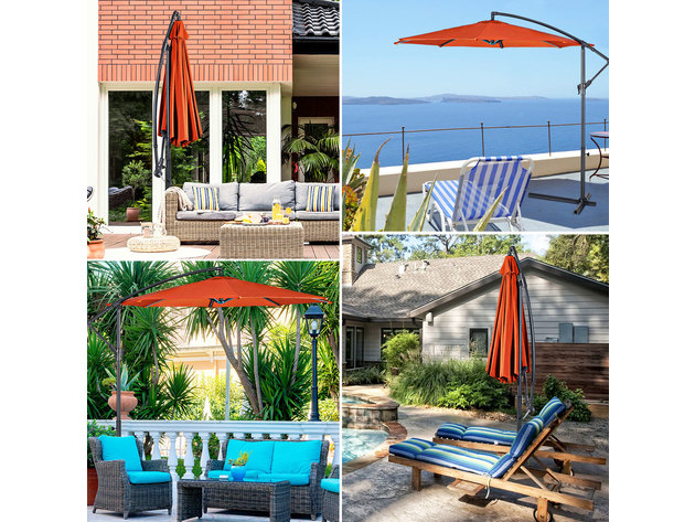 Costway 10' Ft Hanging Umbrella Patio Sun Shade Offset Outdoor Market Cross Base Orange