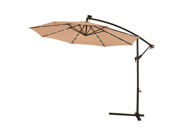 Costway 10' Hanging Solar LED Umbrella Patio Sun Shade Offset Market W/Base Beige