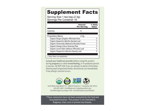 Earth Mama Organics Morning Wellness Tea for Occasional Morning Sickness Teabags, Caffeine Free, 16 Count