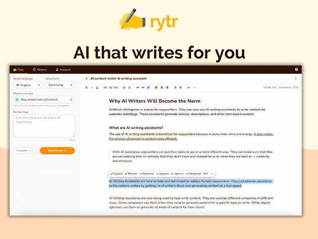 Rytr AI Writing Tool: Lifetime Subscription