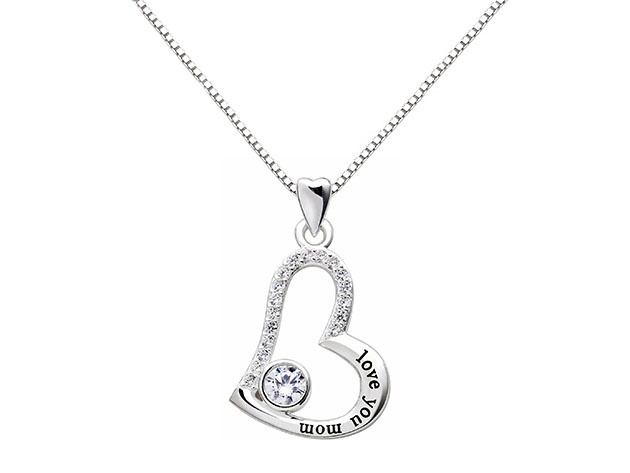 "I Love You Mom" 18K White Gold Heart Necklace with Swarovski Crystals