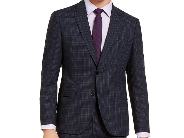 Hugo Boss Men's Modern-Fit Stretch Dark Blue Plaid Suit Jacket Blue Size 36