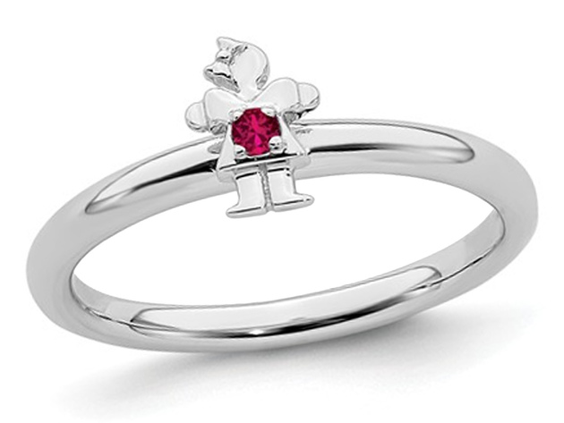 Sterling Silver Stackable Band Ring with Little Girl and Lab Created Ruby Accent - 8