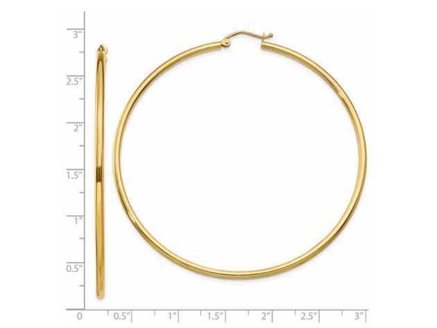 14K Yellow Gold Extra Large Hoop Earrings 2 1/2 Inch (2.00 mm)