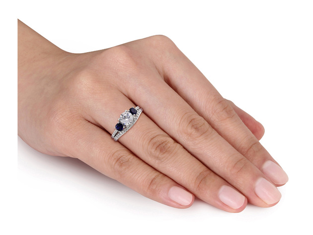 Created White & Created Blue Sapphire 2 Carat (ctw) with Diamond 1/3 Carat (ctw) Engagement Ring and Bridal Wedding Set 10K White Gold - 10