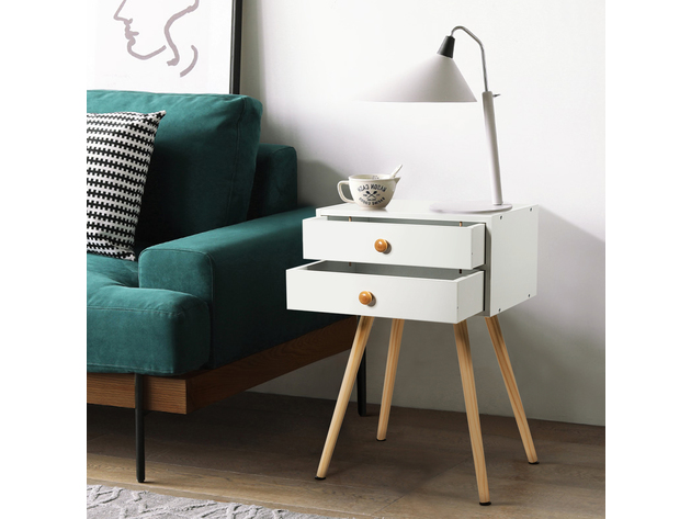 Costway 2PC Mid Century Modern 2 Drawers Nightstand In White Sofa Side Table End Table - White