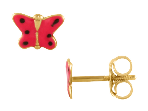 Baby Pink Butterfly Enameled Earrings in 14K Yellow Gold