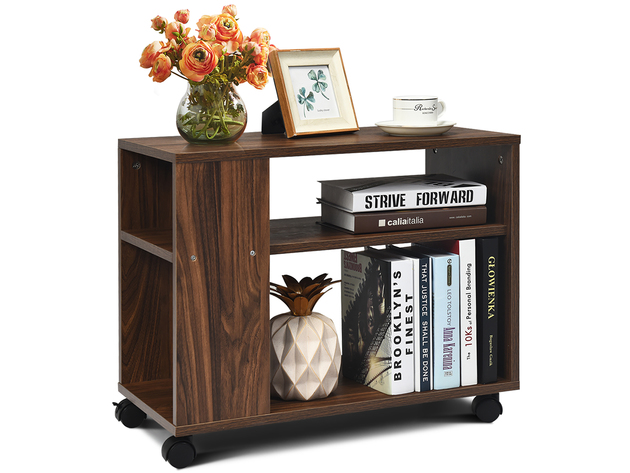 Costway 3-tier Side Table W/Storage Shelf W/Wheels Space-saving Industrial Nightstand - Brown