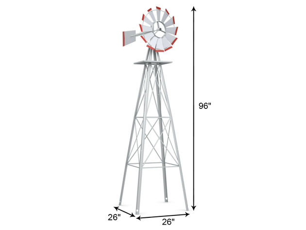 Costway 8Ft Tall Windmill Ornamental Wind Wheel Silver Gray And Red Garden Weather Vane - Gray