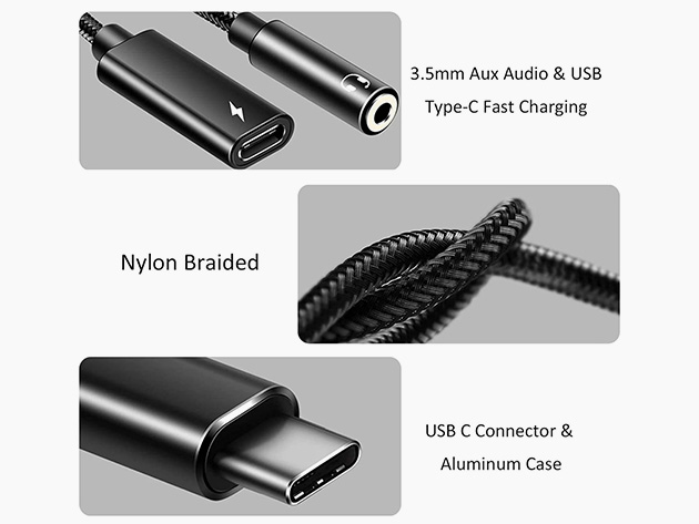 USB-C to 3.5mm Audio Jack Adaptor & Charger Splitter with 60W Fast Charging