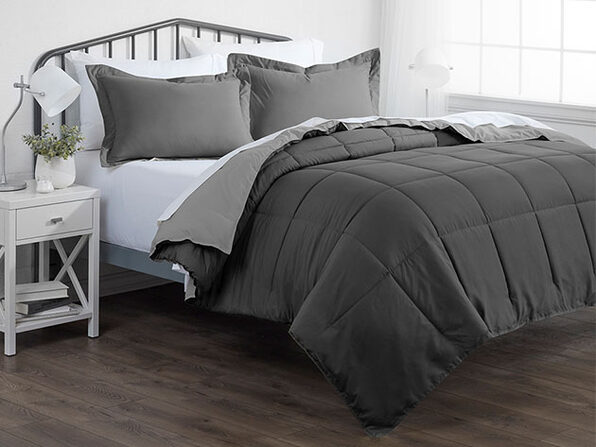 Down Alternative Reversible Comforter, Light Gray Bedding Set Queen