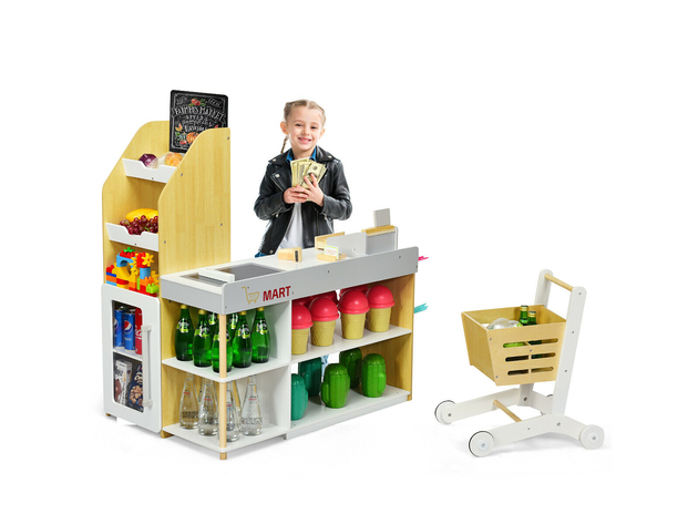 4 Tier Bookshelf Wooden Toy Shop Market Shopping Pretend Play Set Toddler Kids 