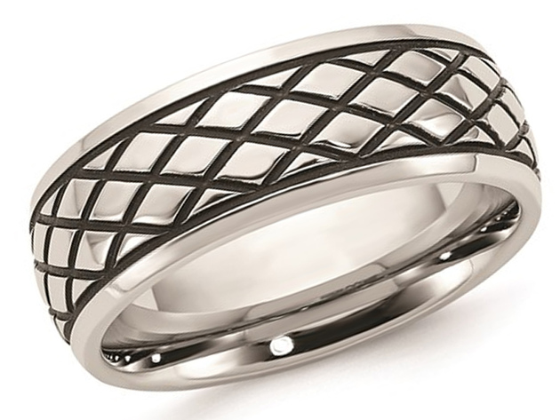 Mens Stainless Steel 8mm Polished Checkered Pattern Ring - 13 | StackSocial