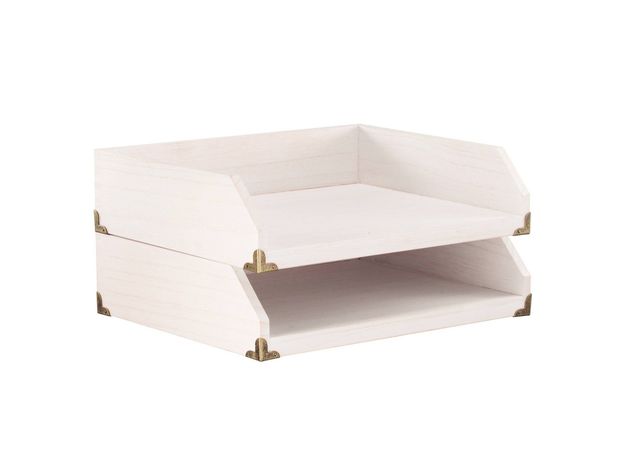 Threshold Natural Wood Sleek Desk Dovetail Joints Metal Corner Hinges Paper Tray, White