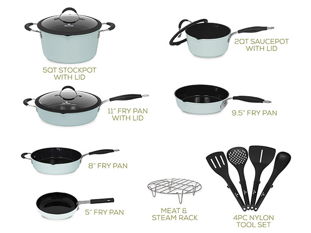 Paula Deen Family 14-Piece Non-Stick Ceramic Cookware Set (Sea Glass)