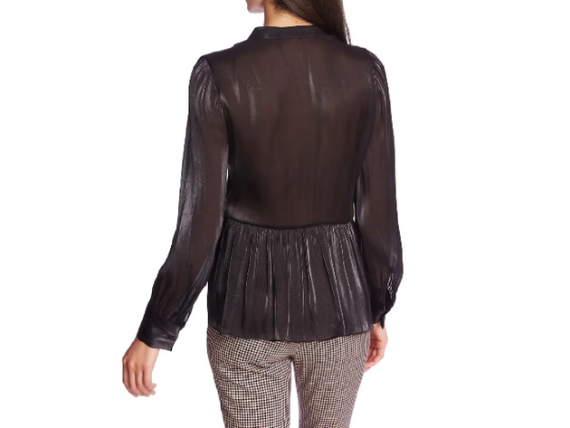 1 State Women's Button-Down Shimmering Sheer Peplum Top Black Size Medium