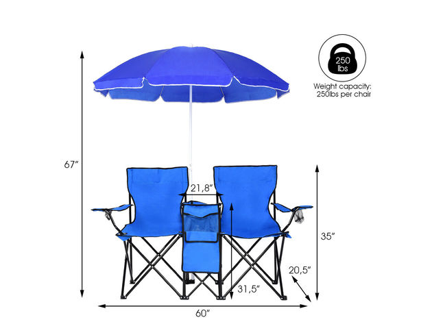 Costway Portable Folding Picnic Double Chair W/Umbrella Table Cooler Beach  Camping Chair