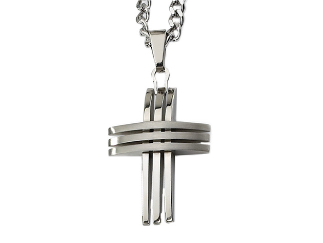 Mens Chisel Cross Pendant Necklace in Stainless Steel with Chain