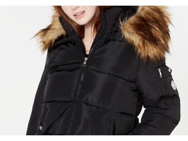 Madden Girl Juniors' Hooded Faux-Fur-Trim Puffer Coat Black Size Large