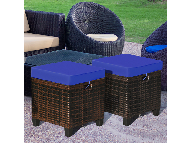 Costway 2 Piece Patio Rattan Ottoman Cushioned Seat Foot Rest Coffee Table Furniture Garden