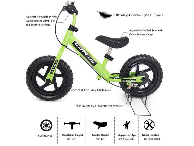 Goplus 12'' Kids Balance Bike Children Boys & Girls with Brakes and Bell Exercise - Green