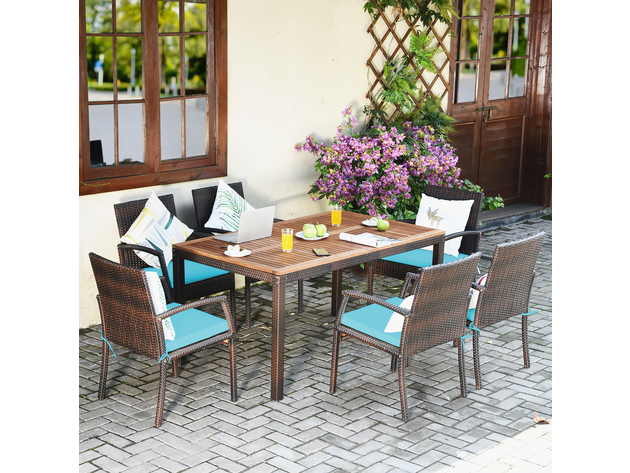 Costway 7 Piece Patio Rattan Dining Chair Table Set W/ Cushion Umbrella Hole Red\\Navy - Turquoise