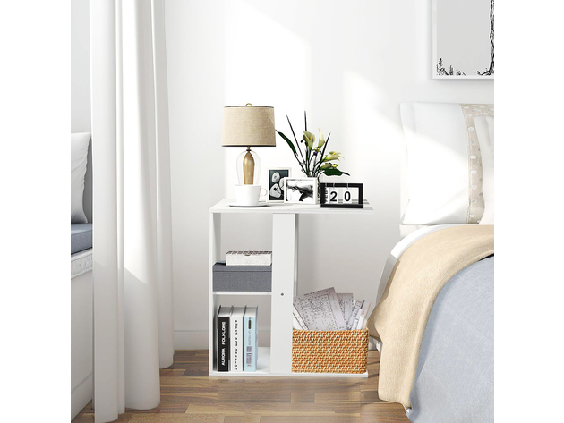 Costway 3-tier Side Table W/Storage Shelf Space-saving Nightstand White - White