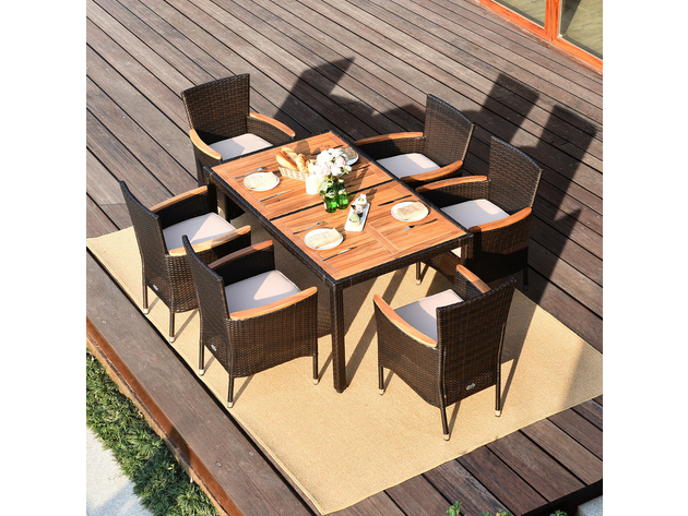 Costway 7 Piece Patio Rattan Dining Set 6 Stackable Chairs Cushioned - Brown