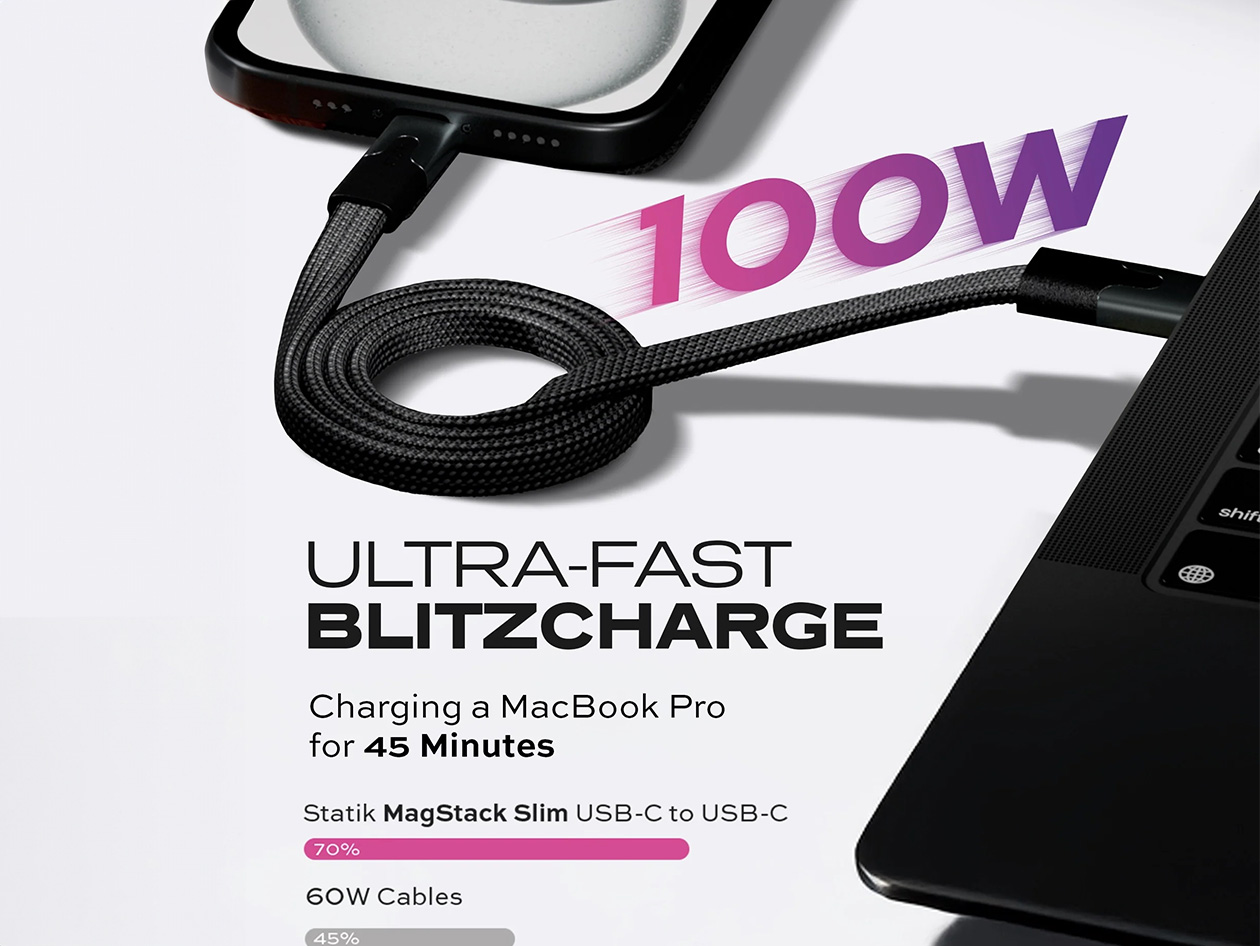 Statik® MagStack™ Slim Pro 3ft USB-C Tangle-Free Magnetic 100W Fast Charge Cables