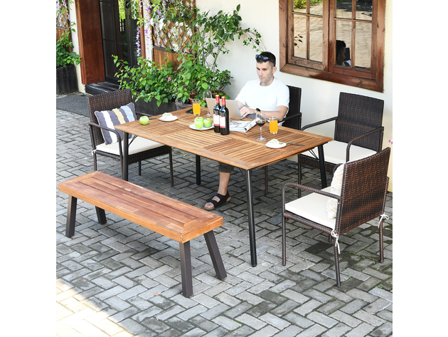 Costway 6 Piece Patio Rattan Dining Set Armrest Chair Wood Table Top Umbrella Hole - Brown