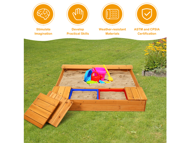 Costway Kids Cedar Sandbox w/ Canopy & Bench Seats Children Outdoor Playset Backyard