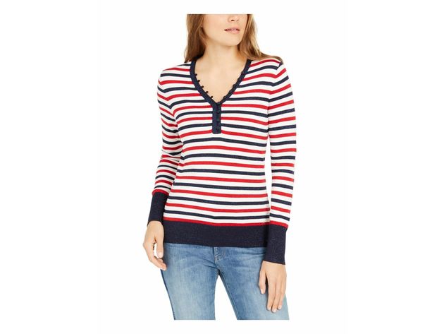 Tommy Hilfiger Women's Metallic-Stripe Henley Top White Size Large