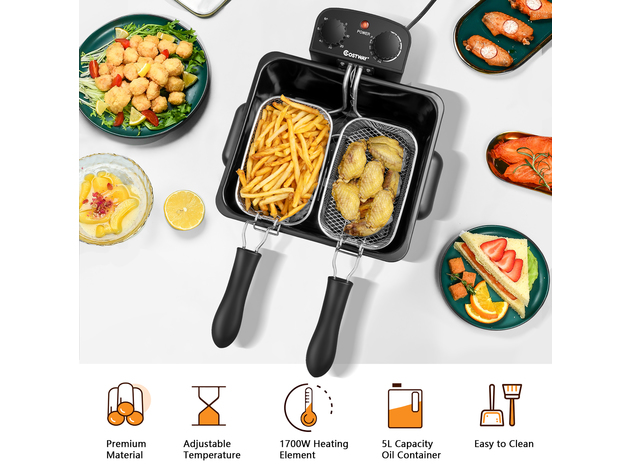 Costway Electric Deep Fryer 5.3QT/21-Cup Stainless Steel 1700W w/ Triple Basket - Black/Silver