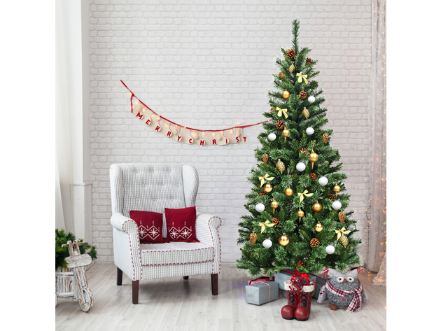 Costway 7 ft Premium Hinged Artificial Christmas Tree Mix ed Pine Needles w/ Pine Cones - Green