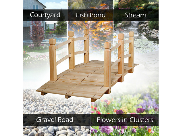 Costway 5' Wooden Garden Bridge Arc Stained Finish Footbridge Backyard ...