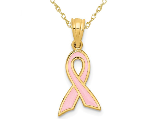 14K Yellow Gold Small Pink Enamel Awareness Ribbon Charm Pendant Necklace with Chain