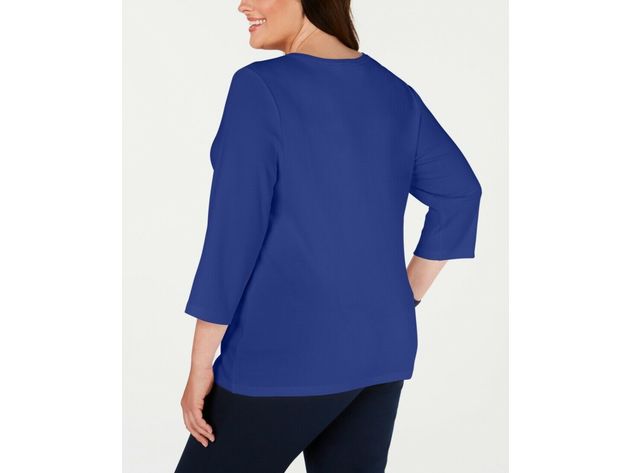 Karen Scott Women's Plus Size Cotton Split-Neck Top Blue Size Extra Large