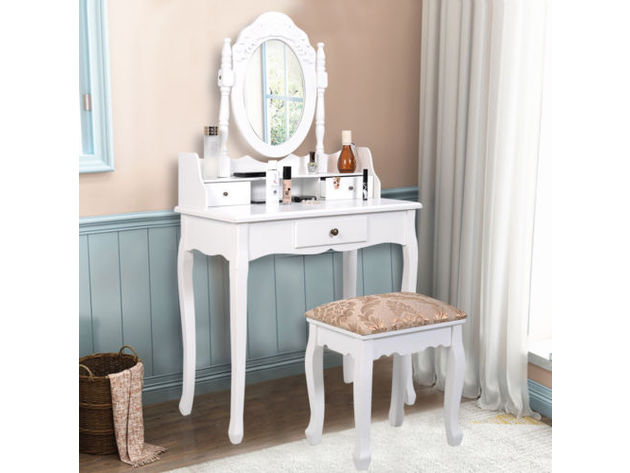 Costway Vanity Table Jewelry Makeup Desk Bench Dresser Stool White