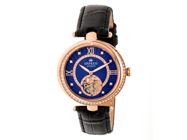 Empress Stella Reloj Automático Semi-Esqueleto con Concha Nácar y Correa de Cuero (Negro/Azul)