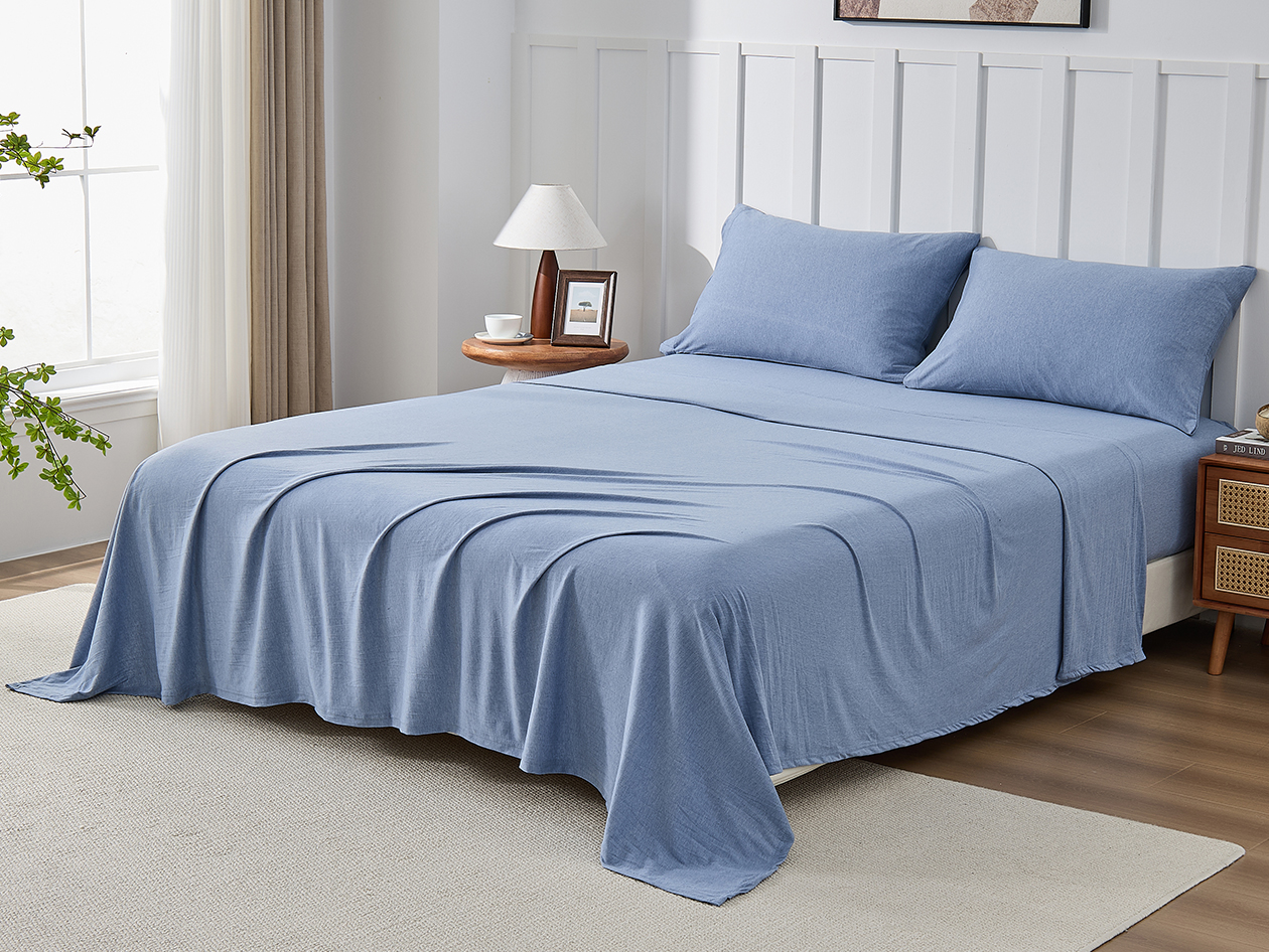 Kathy Ireland 4 Piece Heathered Jersey Knit Cotton Sheet Set (Full/Light Blue)