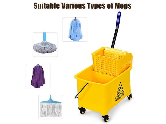 Costway Commercial Mop Bucket Side Press Wringer on Wheels 21 Quart Yellow w/ Panel 